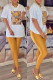 Gold Casual Print Letter O Neck Short Sleeve Two Pieces