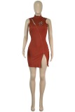 Apricot Casual Print Hollowed Out Patchwork Zipper Turtleneck Sleeveless Dress Dresses