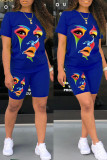 Red Casual Print Basic O Neck Short Sleeve Two Pieces