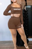 Coffee Sexy Casual Letter Print Patchwork Square Collar Long Sleeve Two Pieces