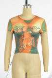 Orange Sexy Street Print Patchwork Metal Accessories Decoration O Neck T-Shirts