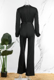 Red Casual Solid Hollowed Out Patchwork With Belt O Neck Straight Jumpsuits(With A Belt)