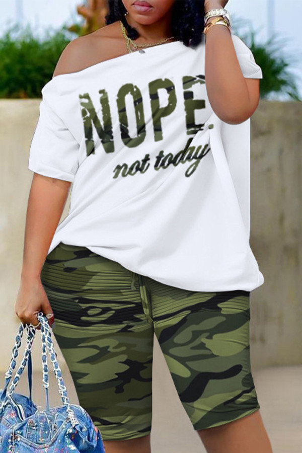 Camouflage Casual Work Street Gradual Change Print Solid Oblique Collar Short Sleeve Two Pieces