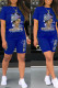 Deep Blue Casual Print Patchwork O Neck Short Sleeve Two Pieces