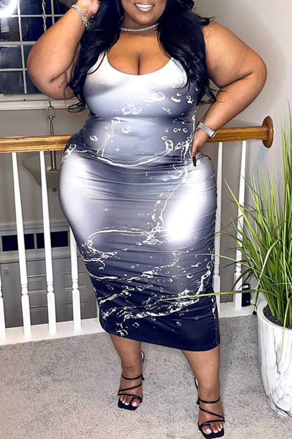 Grey Sexy Print Patchwork Spaghetti Strap One Step Skirt Plus Size Dresses