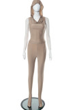 Khaki Sexy Solid Patchwork Hooded Collar Sleeveless Two Pieces