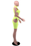 Fluorescent Green Fashion Sexy Solid Hollowed Out Turtleneck Skinny Romper