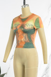 Orange Sexy Street Print Patchwork Metal Accessories Decoration O Neck T-Shirts