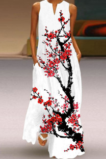 White Red Casual Elegant Print Patchwork V Neck A Line Dresses