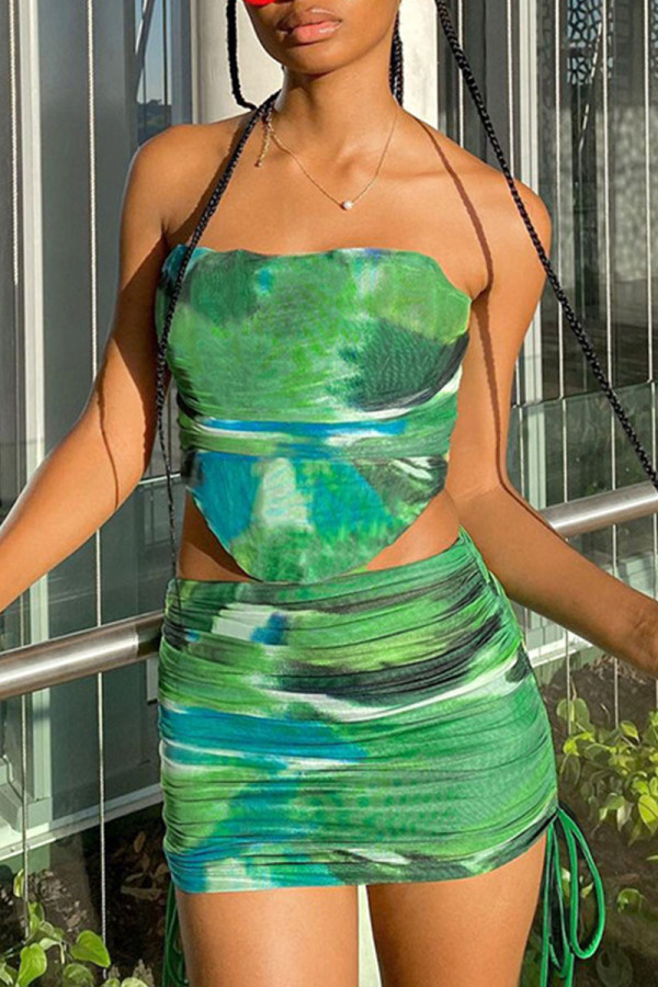 Green Sexy Print Patchwork Draw String Strapless Sleeveless Two Pieces