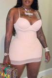 Pink Fashion Sexy Solid Patchwork Backless V Neck Sling Dress