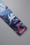 Blue Casual Print Basic O Neck Long Sleeve Two Pieces