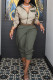 Green Casual Patchwork Contrast Turndown Collar Long Sleeve Two Pieces