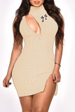 Apricot Casual Print Hollowed Out Patchwork Zipper Turtleneck Sleeveless Dress Dresses
