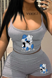 Grey Sexy Print Patchwork Spaghetti Strap Sleeveless Two Pieces
