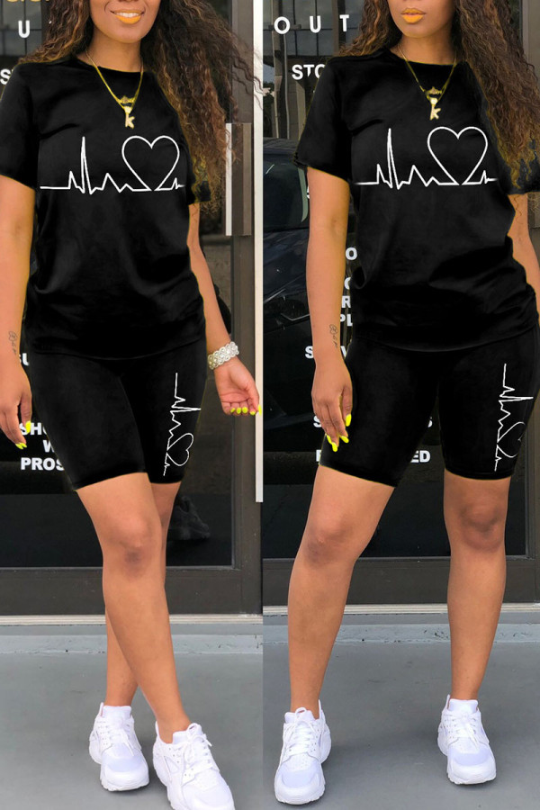 Black Casual Print Patchwork O Neck Short Sleeve Two Pieces