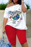 Red White Casual Work Street Gradual Change Print Solid Oblique Collar Short Sleeve Two Pieces