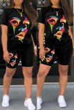 Red Casual Print Basic O Neck Short Sleeve Two Pieces