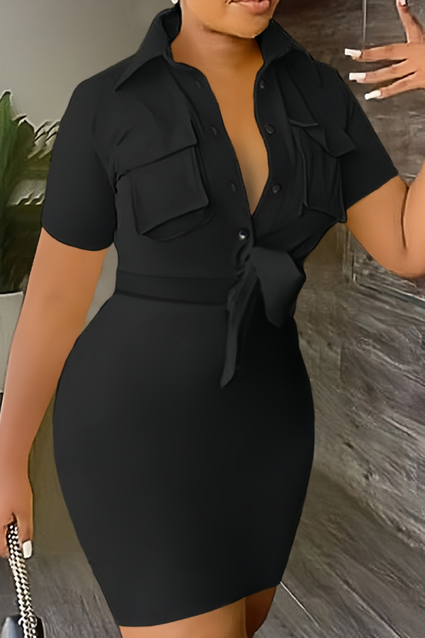 Black Casual Solid Patchwork Turndown Collar Pencil Skirt Dresses