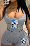 Grey Sexy Print Patchwork Spaghetti Strap Sleeveless Two Pieces