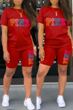 Red Casual Letter Print Basic O Neck Short Sleeve Two Pieces