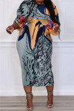Lake Blue Casual Print Patchwork V Neck Pencil Skirt Plus Size Dresses