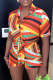 Orange Casual Print Patchwork Turndown Collar Short Sleeve Two Pieces