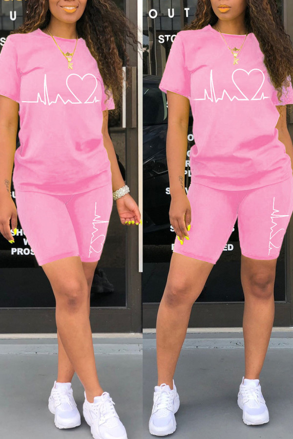 Pink Casual Print Patchwork O Neck Short Sleeve Two Pieces