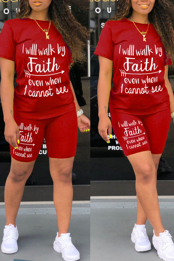 Red Casual Print Patchwork O Neck Short Sleeve Two Pieces