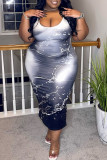 Grey Sexy Print Patchwork Spaghetti Strap One Step Skirt Plus Size Dresses