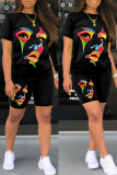 Red Casual Print Basic O Neck Short Sleeve Two Pieces