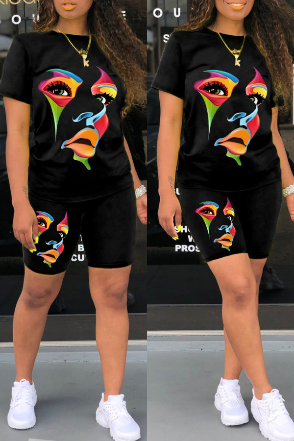 Black Casual Print Basic O Neck Short Sleeve Two Pieces
