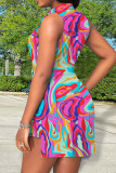 Rose Red Casual Print Patchwork Buckle Asymmetrical Turndown Collar Straight Dresses