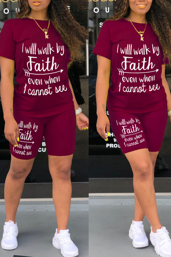 Burgundy Casual Print Patchwork O Neck Short Sleeve Two Pieces