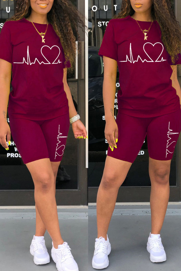 Burgundy Casual Print Patchwork O Neck Short Sleeve Two Pieces