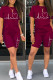 Burgundy Casual Print Patchwork O Neck Short Sleeve Two Pieces