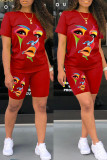 Red Casual Print Basic O Neck Short Sleeve Two Pieces