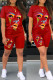 Red Casual Print Basic O Neck Short Sleeve Two Pieces