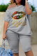 Grey Casual Work Street Gradual Change Print Solid Oblique Collar Short Sleeve Two Pieces