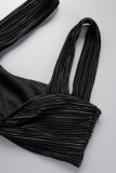 Black Sexy Solid Patchwork Fold Asymmetrical Spaghetti Strap Sleeveless Two Pieces