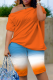 Tangerine Red Casual Work Street Gradual Change Print Solid Oblique Collar Short Sleeve Two Pieces