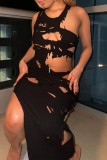 Black Sexy Solid Ripped Slit O Neck Sleeveless Dress Dresses