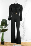 Red Casual Solid Hollowed Out Patchwork With Belt O Neck Straight Jumpsuits(With A Belt)