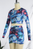 Blue Casual Print Basic O Neck Long Sleeve Two Pieces
