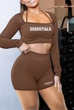 Coffee Sexy Casual Letter Print Patchwork Square Collar Long Sleeve Two Pieces