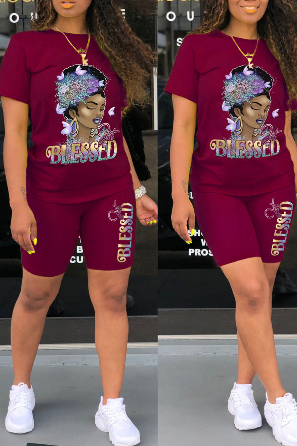 Burgundy Casual Print Patchwork O Neck Short Sleeve Two Pieces