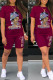 Burgundy Casual Print Patchwork O Neck Short Sleeve Two Pieces