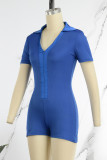 Blue Sexy Solid Patchwork Zipper Collar Skinny Rompers