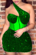 Green Sexy Party Celebrities Solid Sequins Patchwork Oblique Collar One Step Skirt Dresses