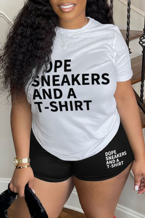 White Casual Letter Print Basic O Neck Short Sleeve Two Pieces